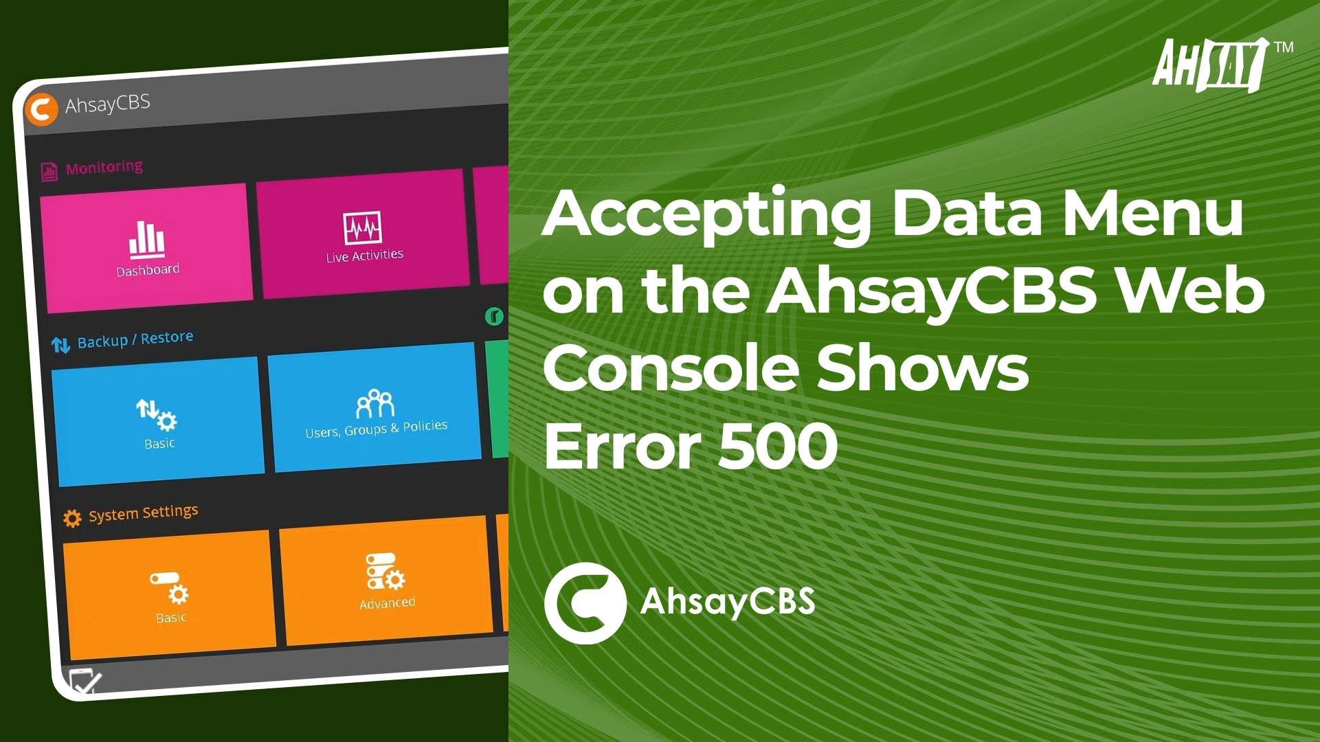 Accepting Data menu on the AhsayCBS web console shows error status 500