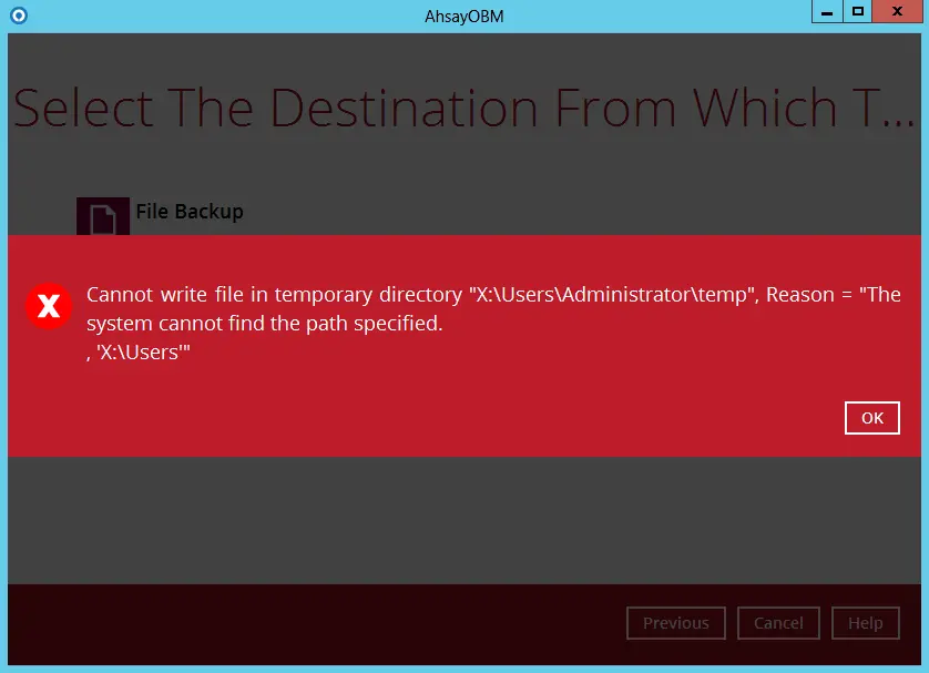 AhsayOBR Cannot write file in temporary directory error message