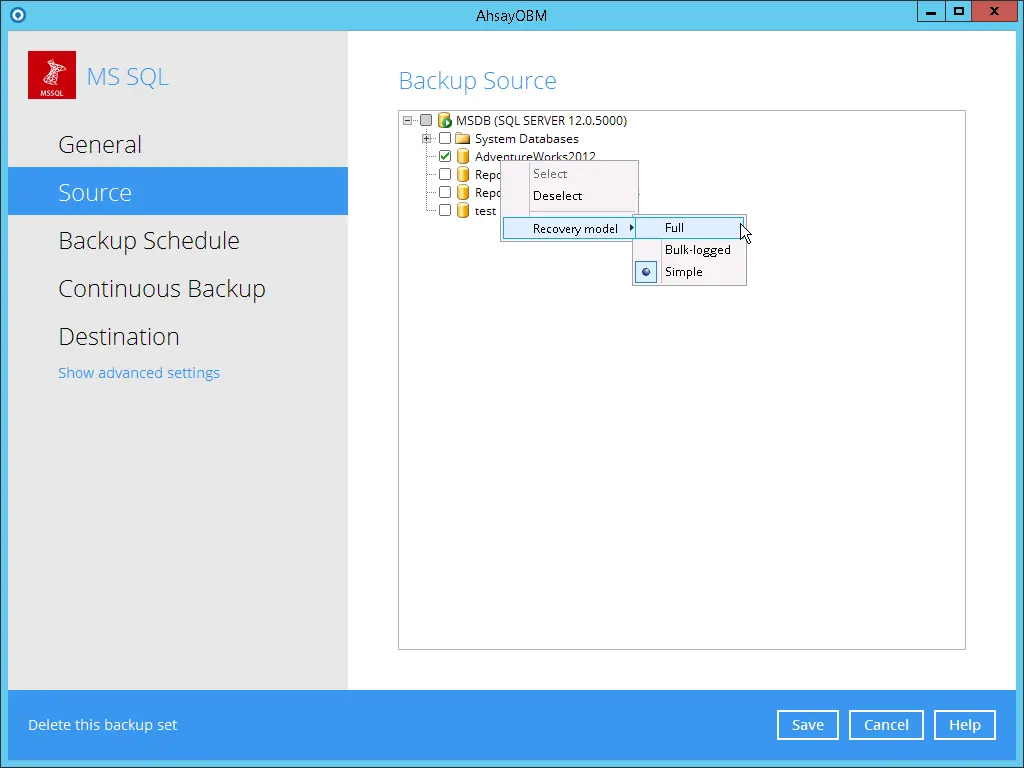 AhsayOBM Backup source for Microsoft SQL Databases