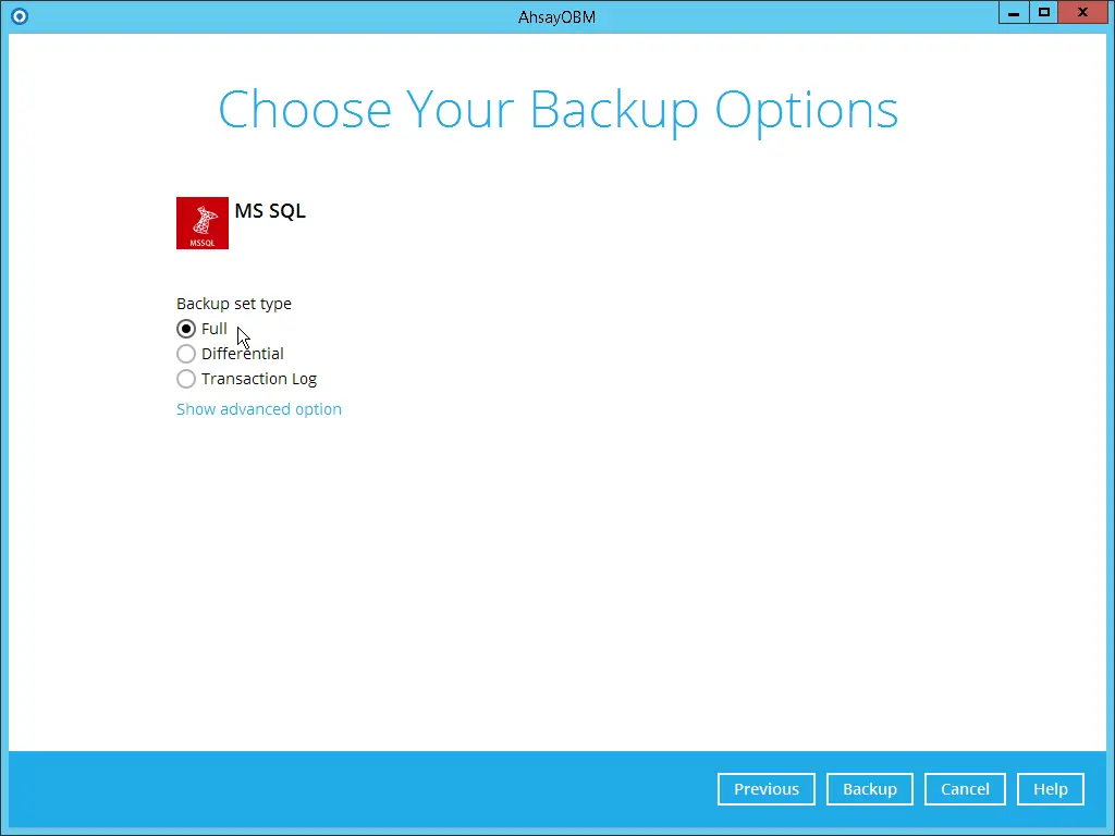 Option to select Microsoft SQL Backup type