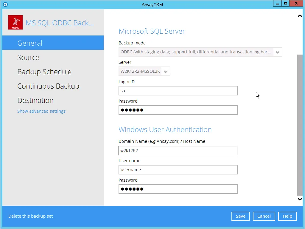 Login credentials to Microsoft SQL Databases for AhsayOBM