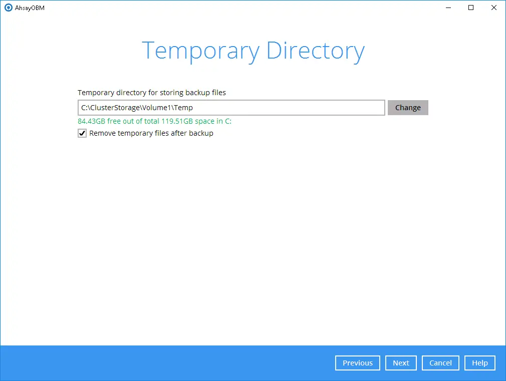 Temporary Directory configure dialogue on AhsayOBM