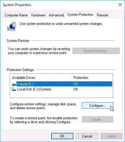 Windows System Properties to configure Protection Settings