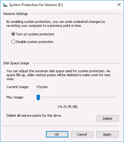 Disk Space Usage configuration under Windows System Protection