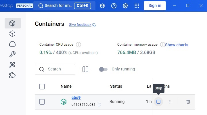 Start or Stop containers in Docker Desktop