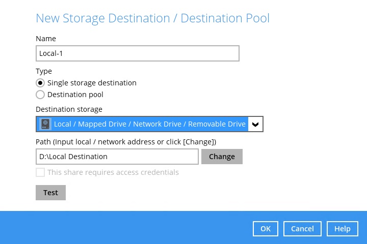 New Storage Destination / Destination Pool window