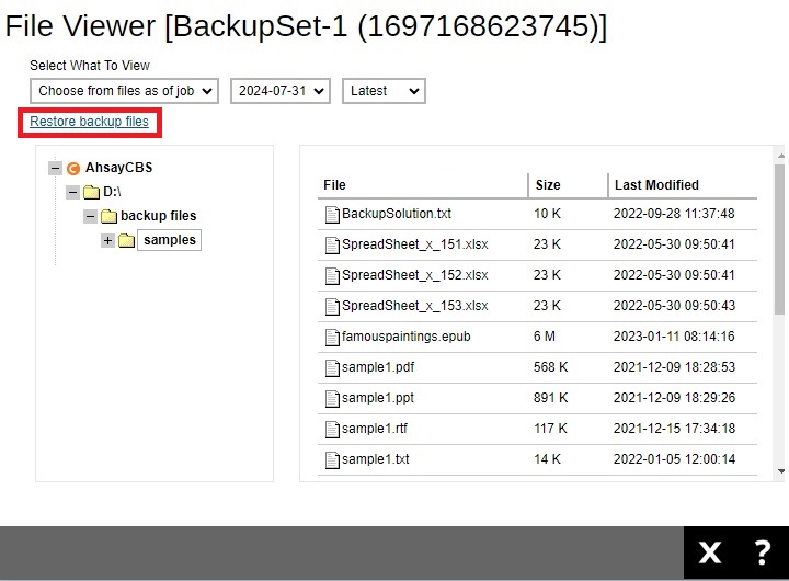 File Viewer Restore Backup Files Link