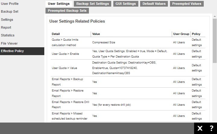 User Settings tab under Effective Policy