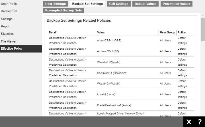 Backup Set Settings tab under Effective Policy