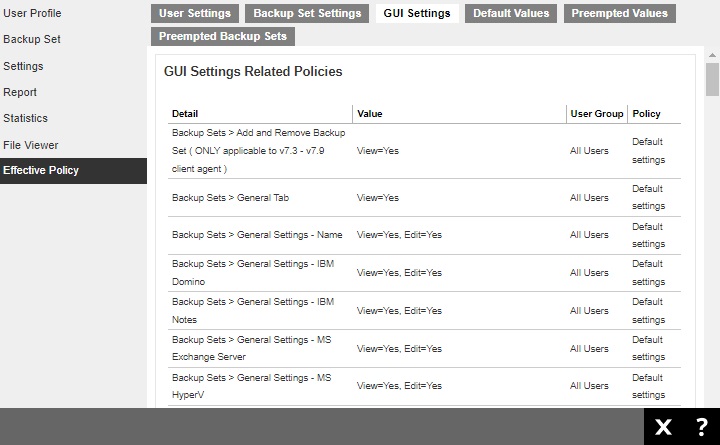GUI Settings tab under Effective Policy