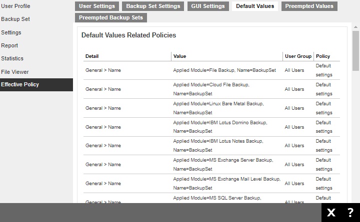 Default Values tab under Effective Policy