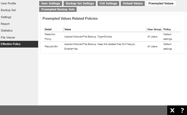 Preempted Values tab under Effective Policy