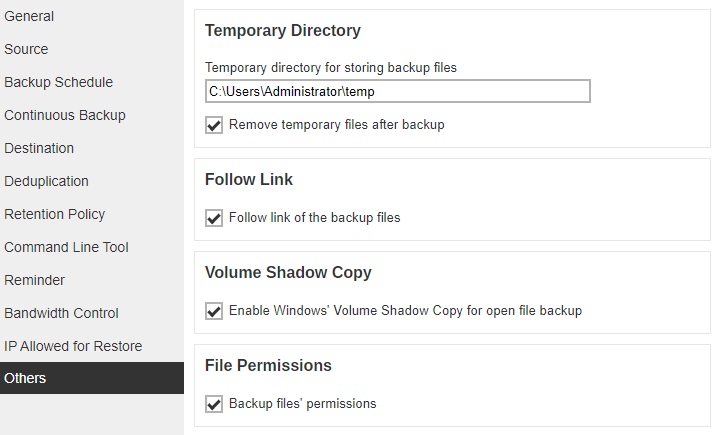 Others tab in Backup Set Settings