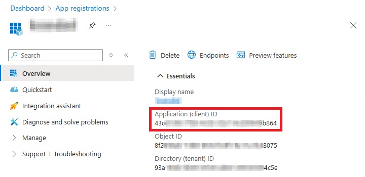 Application Client ID in MS Azure Dashboard