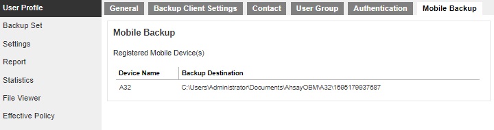 User Profile Mobile Backup tab