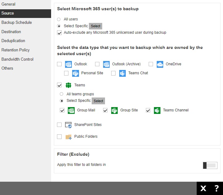 Example of a Microsoft 365 Backup Set