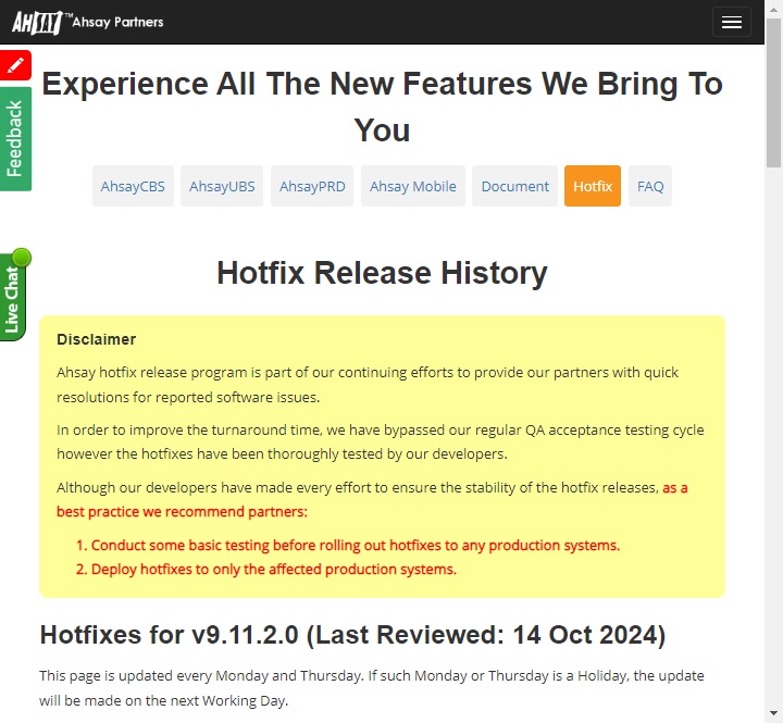 Hotfix Release History