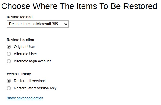 Restore Items to Microsoft 365 for Users