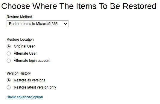 Restore Items to Microsoft 365 for Users