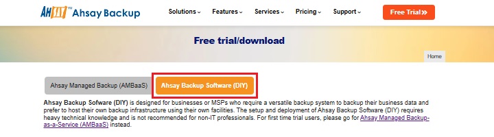 Ahsay Backup Software (DIY) tab